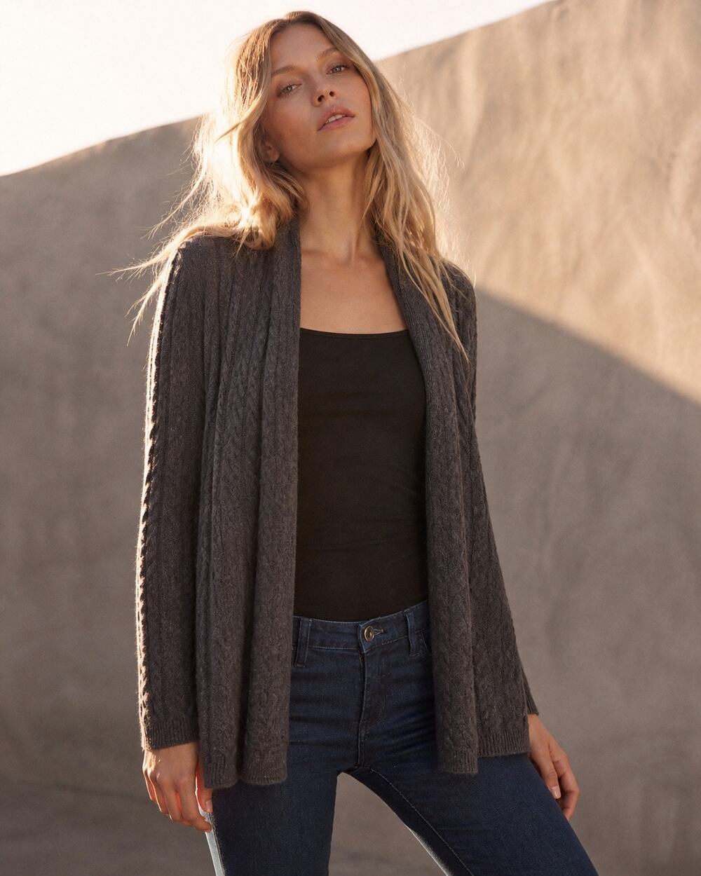 Joan Vass Cashmere Blend Dark Grey Cable Shawl Front Knit Sweater Cardigan XS